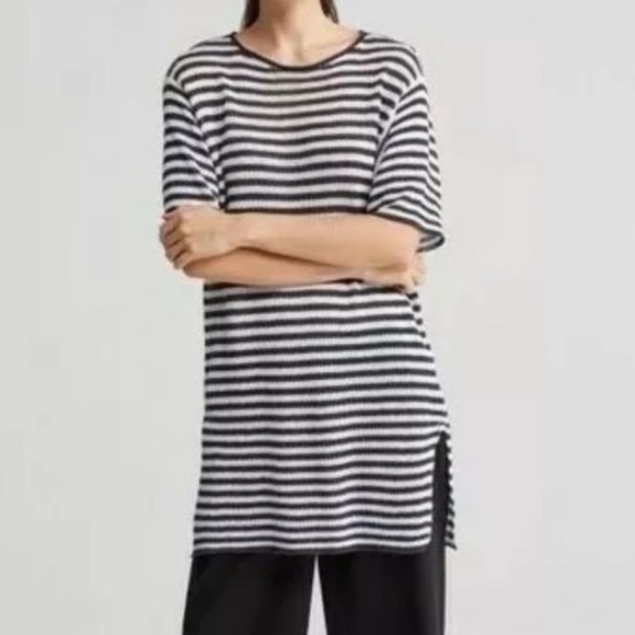 Eileen Fisher Graphite Organic Linen Knit Stripe Round Neck Tunic size Large - Picture 10 of 10